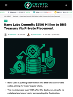 Nano Labs Commits $500 Million to BNB Treasury Via Private Placement - Crypto News Flash
