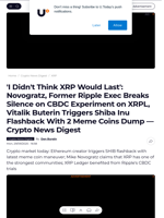 'I Didn't Think XRP Would Last': Novogratz, Former Ripple Exec Breaks Silence on CBDC Experiment on XRPL, Vitalik Buterin Triggers Shiba Inu Flashback With 2 Meme Coins Dump — Crypto News Digest - U.Today