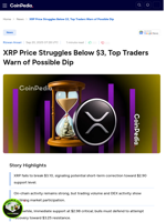 XRP Price Struggles Below $3, Top Traders Warn of Possible Dip