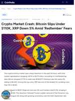 Crypto Market Crash: Bitcoin Slips Under $110K, XRP Down 5% Amid 'Redtember' Fears