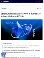 Ethereum Price Explodes 40% in July as ETF Inflows Hit Record $726M