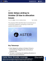 Aster delays airdrop to October 20 due to allocation issues