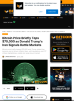 Bitcoin Price Briefly Tops $70,000 As Donald Trump’s Iran Signals Rattle Markets