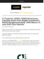 C1 Fund Inc. (NYSE: CFND) Announces Liquidity Event from Ripple Investment, Realizing Approximately 150% Return in Less than Four Months