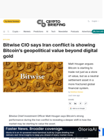 Bitwise CIO says Iran conflict is showing Bitcoin’s geopolitical value beyond digital gold