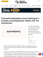 Chamath Palihapitiya warns Anthropic's prompt screening poses 'idiotic risk' for enterprises