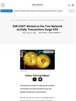 $2B USDT Minted on the Tron Network as Daily Transactions Surge 95%