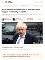 Boris Johnson slams Bitcoin as ‘Ponzi scheme,’ triggers
community backlash