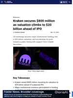 Kraken secures $800 million as valuation climbs to $20 billion ahead of IPO