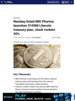 Nasdaq-listed MEI Pharma launches $100M Litecoin treasury plan, stock rockets 50%