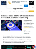 Coinbase posts $667M Q4 loss as shares rebound 3% in after-hours trading