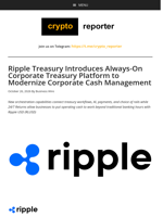 Ripple Treasury Introduces Always-On Corporate Treasury Platform to Modernize Corporate Cash Management
