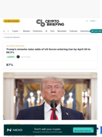 Trump's remarks raise odds of US forces entering Iran by April 30 to 86.5%