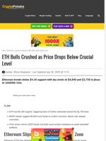 ETH Bulls Crushed as Price Drops Below Crucial Level