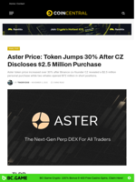 Aster Price: Token Jumps 30% After CZ Discloses $2.5 Million Purchase - CoinCentral