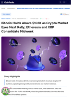 Bitcoin Holds Above $103K as Crypto Market Eyes Next Rally; Ethereum and XRP Consolidate Midweek