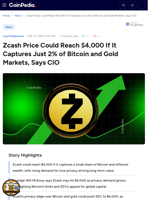 Zcash Price Could Reach $4,000 If It Captures Just 2% of Bitcoin and Gold Markets, Says CIO