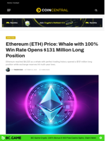 Ethereum (ETH) Price: Whale with 100% Win Rate Opens $131 Million Long Position - CoinCentral