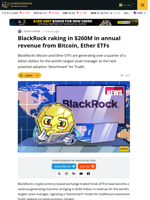 BlackRock Bitcoin, ETH ETFs Hit $260M Annualized Revenue