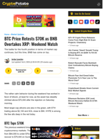 BTC Price Retests $70K as BNB Overtakes XRP: Weekend Watch