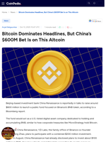 Bitcoin Dominates Headlines, But China’s $600M Bet Is on This Altcoin