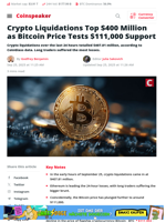 Bitcoin Tests $111K as Crypto Liquidations Exceed $400M