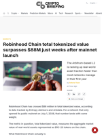 Robinhood Chain total tokenized value surpasses $88M just weeks after mainnet launch