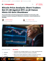 Bitcoin Price Analysis: Short Traders Bet $1.4B Against BTC as JD Vance Hints US Govt Shutdown - Coinspeaker