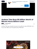 Andrew Tate Buys $5 Million Worth of Bitcoin Hours Before Crash - U.Today