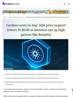 Cardano news in Aug: ADA price support lowers To $0.80 as investors eye up high gainers like Remittix - CoinJournal