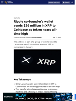 Ripple co-founder's wallet sends $26 million in XRP to Coinbase as token nears all-time high