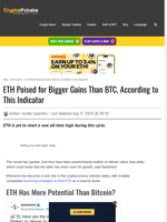 ETH Poised for Bigger Gains Than BTC, According to This Indicator