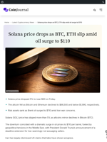 Solana price drops as BTC, ETH slip amid oil surge to $110 - CoinJournal