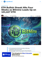 ETH Extends 4-Week Bullish Run as Bitmine Buys 101,627 ETH