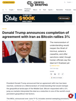 Donald Trump announces completion of agreement with Iran as Bitcoin rallies 3%