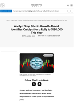 Analyst Says Bitcoin Growth Ahead, Identifies Catalyst for a Rally to $180,000 This Year