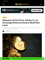 Ethereum (ETH) Price: Climbs 7% as Exchange Reserves Drop to Multi-Year Lows - CoinCentral