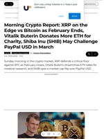 Morning Crypto Report: XRP on the Edge vs Bitcoin as February Ends, Vitalik Buterin Donates More ETH for Charity, Shiba Inu (SHIB) May Challenge PayPal USD in March - U.Today