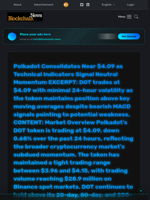 Polkadot Consolidates Near $4.09 as Technical Indicators Signal Neutral Momentum EXCERPT: DOT trades at $4.09 with minimal 24-hour volatility as the token maintains position above key moving averages despite bearish MACD signals pointing to potential weakness. CONTENT: Market Overview Polkadot's DOT token is trading at $4.09, down 0.68% over the past 24 hours, reflecting the broader cryptocurrency market's subdued momentum. The token has maintained a tight trading range between $3.96 and $4.15, with trading volume reaching $28.9 million on Binance spot markets. DOT continues to hold above its 20-day, 50-day, and 200-day moving averages, suggesting underlying technical strength despite recent price weakness. Technical Picture The technical landscape for DOT presents mixed signals that warrant careful analysis. The Relative Strength Index sits at 49.0, indicating perfectly neutral momentum with neither buying nor selling pressure dominating. This neutral RSI reading suggests the market is in a state of equilibrium, awaiting a catalyst to determine the next directional move. However, the MACD indicator tells a different story, displaying bearish divergence with a histogram reading of -0.0036. This bearish MACD signal suggests that while DOT price remains stable, underlying momentum is deteriorating. The divergence between price stability and momentum indicators often precedes significant price movements. DOT's position relative to its moving averages provides additional context. Trading 0.1% above the 20-day SMA at $4.09, 0.5% above the 50-day SMA at $4.07, and 1.7% above the 200-day SMA at $4.02 demonstrates that the token maintains its longer-term uptrend structure despite recent consolidation. Critical Levels to Watch The immediate resistance level at $4.44 represents a crucial test for DOT bulls. A break above this level could trigger momentum buying and target the next resistance at $4.88, representing approximately 19% upside potential from current levels. On the downside, the primary support zone begins at $3.77, which aligns with recent swing lows and represents a 7.8% decline from current prices. Should this level fail to hold, the next significant support sits at $3.61, marking a critical juncture that could determine whether DOT maintains its longer-term uptrend. The pivot level at $4.07 closely aligns with the 50-day moving average, making it a key reference point for short-term traders. Sustained trading below this level could signal a shift in sentiment and attract additional selling pressure. Market Sentiment The absence of significant news flow over the past week has contributed to DOT's sideways price action. Without major catalysts driving either buying or selling interest, the token has settled into a consolidation pattern that reflects broader market uncertainty. Trading volume of $28.9 million represents moderate activity, neither exceptionally high nor concerning low. This volume profile suggests that while participants remain engaged, there's insufficient conviction to drive significant price movements in either direction. Trading Perspective The current risk-reward setup for DOT presents opportunities for different trading approaches. Short-term traders might consider range-trading strategies, buying near support at $3.77 and selling near resistance at $4.44. This approach offers approximately 17% profit potential while maintaining relatively tight risk management. For longer-term positions, the key invalidation point lies below the 200-day moving average at $4.02. A sustained break below this level would suggest a more significant shift in trend and warrant reassessment of bullish positioning. The bearish MACD divergence suggests caution for new long positions at current levels, particularly given the proximity to the upper end of the recent trading range. Bottom Line DOT price action reflects market indecision, with technical indicators suggesting potential weakness despite stable price performance above key moving averages. - Blockchain.News