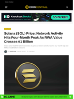 Solana (SOL) Price: Network Activity Hits Four-Month Peak As RWA Value Crosses $1 Billion - CoinCentral