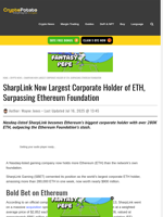 SharpLink Now Largest Corporate Holder of ETH, Surpassing Ethereum Foundation