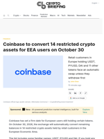 Coinbase to convert 14 restricted crypto assets for EEA users on October 30