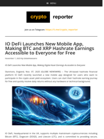 IO DeFi Launches New Mobile App, Making BTC and XRP Hashrate Earnings Accessible to Everyone for Free