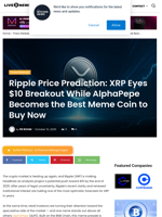 Ripple Price Prediction: XRP Eyes $10 Breakout While AlphaPepe Becomes the Best Meme Coin to Buy Now | Live Bitcoin News