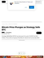 Bitcoin Price Plunges as Strategy Sells BTC - U.Today