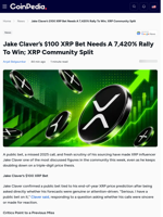 Jake Claver's $100 XRP Bet Needs A 7,420% Rally To Win; XRP Community Split