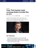 Peter Thiel-backed crypto exchange Bullish formally files for IPO