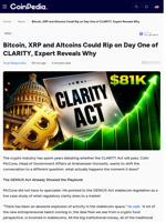 Bitcoin, XRP and Altcoins Could Rip on Day One of CLARITY, Expert Reveals Why
