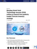 Nasdaq-listed Verb Technology secures $558 million to launch first publicly traded Toncoin treasury strategy