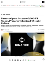 Binance Opens Access to 7,000 US Stocks, Prepares Tokenized 'bStocks' Rollout - Decrypt